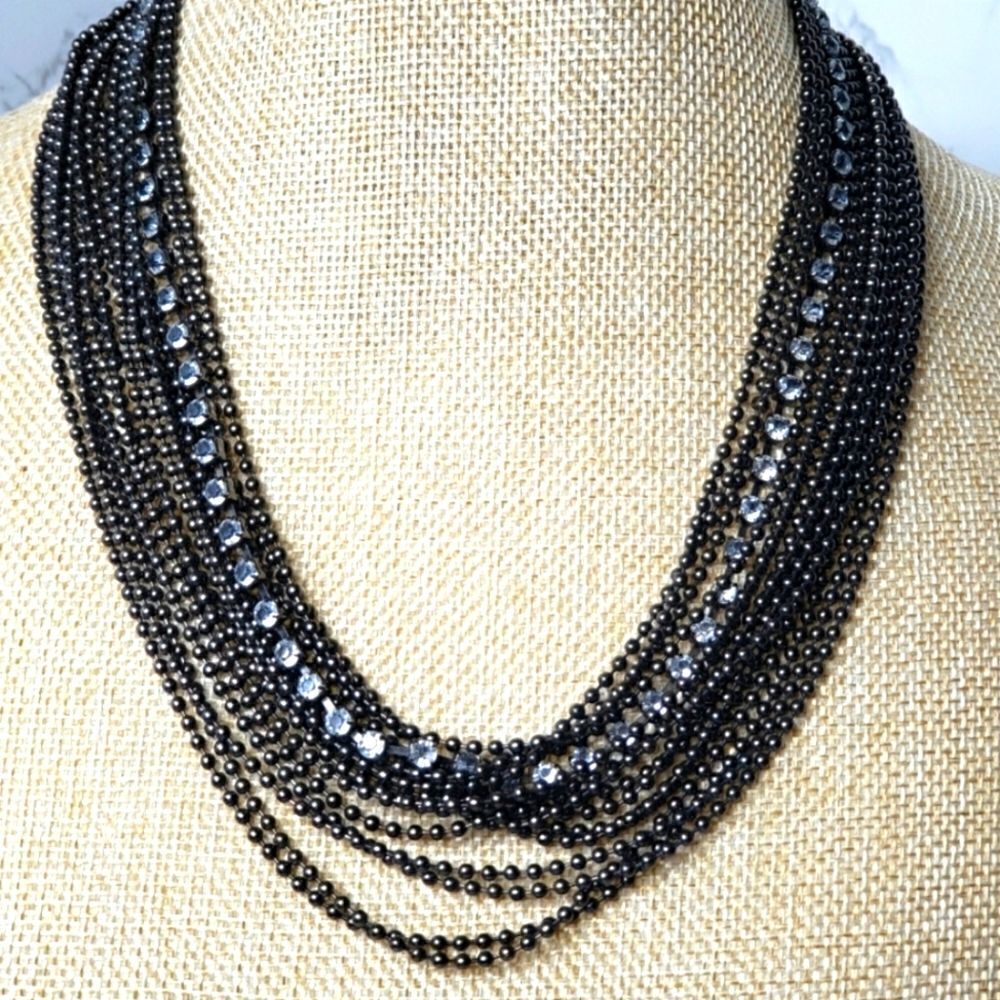 GUNMETAL & RHINESTONE Multi-Strand Layered Necklace